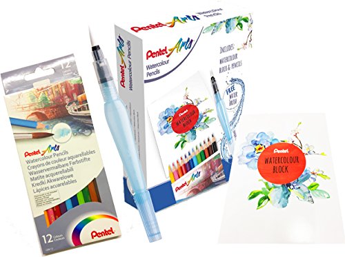 Pentel Aquash Pencil Special Komplett-Set | 12 wasservermalbare Buntstifte und Aquash Pinselstift + Aquarellblock A5+