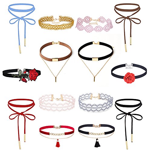 MingJun Bunte Samt Choker Halskette Set Vintage gestickte Spitze Gothic Halskette Quaste (Packung mit 14)