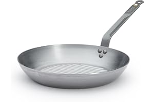 De Buyer - Poêle grill en tôle d'acier MINERAL B - 32 cm - Fabriquée en France, Sans PFAS, Anti Adhérence Naturelle, Queue Rivetée et Finition à la Cire d'Abeille, Tous Feux + Flash Four