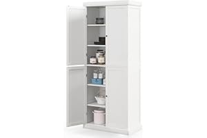 TANGZON Tall Kitchen Cupboard, Tall Storage Cabinet with 4 Doors & 2 Adjustable Shelves, Freestanding Wooden Sideboard Unit for Pantry Dining Living Room (76 x 40 x 184cm, 6-Tier, White)