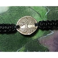 Verstellbar unisex Wikinger/Keltischer Armband, handgemacht Goldbronze Yggdrasil und schwarze Leder Makrame, für Männer und Frauen, auch aus Silberbronze oder Kupfer