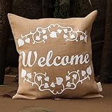 Jute-Kissen-Bezug * Welcome * / Kaffee-Sack-Leinen / Rupfen / Hochzeit Dekoration: rustikal & vintage - Willkommen Gruß im Shabby-Chic-Style - retro: Dekokissen 50 cm x 50 cm - HANDMADE