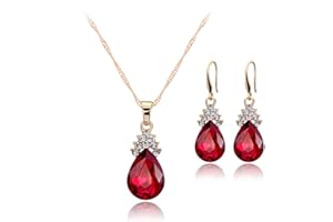 Hasnsofie Schmuckset für Damen, Saphir/Rubin Stein Gold-Ton Ohrringe und Halskette mit Anhänger, 18K Vergoldet Rot und Weiß Tropfen Österreichen Kristall, Damen Schmuck mit Geschenkbox