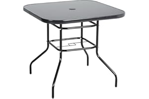 The Fellie Garden Table Outdoor Dining Table Tempered Glass Top Coffee Table Patio Table with Parasol Hole (Square-80 x 80 x 72cm)