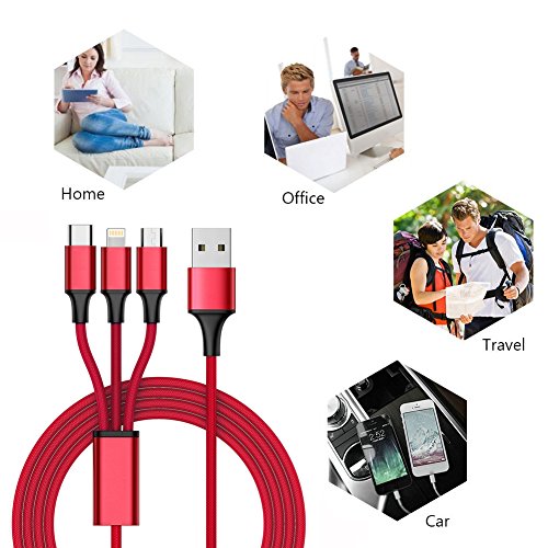 3-in-1 USB Typ-C Ladekabel-Lebenslange Garantie-TUOYA Multi 3-in-1 Lightning & Micro USB Nylon Geflochtenes 2A Ladekabel mit 8 Pin Ligtning / Typ C / Micro USB Stecker für iPhone iPad, Type C und Android Smartphones (2xRot) - 4