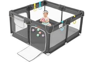 COMOMY Parque Infantil Bebe, 127 x 127 x 66 cm Corralito Bebe con 4 Anillas, Corral Bebe con Malla Suave y Transpirable, Centro de Actividades para Niños, Gris Oscuro