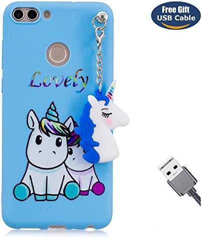 Huawei P Smart case,Huawei P Smart cover,Aireratze® Ultra Slim Soft Premium Silicone Gel Unicorn Painting TPU Fashion Thin Cover Trendy Candy Colour Cute Soft Rubber Unicorn for kid phone Back Bumper Rubber Shockproof Non-slip Protective Case for Huawei P Smart（Blue Unicorn）+ Free USB cable