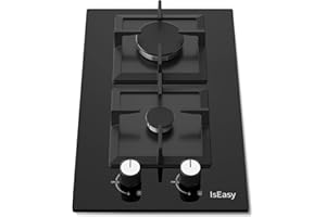 ISEASY Plaque à Gaz 2 Feuxs Encastrable, Plaque de Cuisson Gaz 2 Feuxs Verre Noir, Grille Fonte - Gazs ville et bouteille