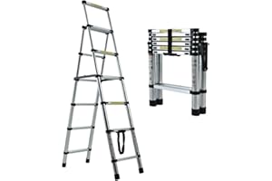 DICN Escalera Telescópica de Aluminio 1.7 m+2m, 5+6 Peldaños, Plegable, Extensible, Fácil de Transportar, para Constructores de Bricolaje, Interiores y Exteriores, Certificada a 150 kg EN131