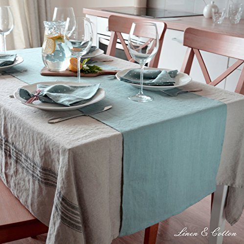 Linen & CottonStonewashed Table Runner ANTEA, 100% Linen - 43 x 270cm (17.2''x 108''), Duck Egg Blue