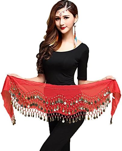 MiaoMa128 Coins Chiffonn Red Belly Dance Skirt Hip Scarf