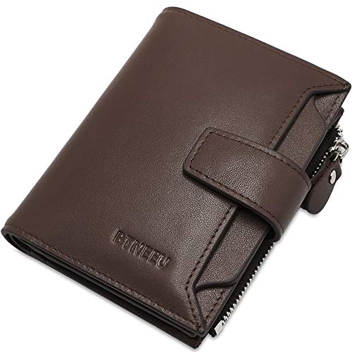 Cartera Hombre Cuero RFID Bloqueo BTNEEU Billetera Piel Hombre con Bolsillo de Moneda, Carteras Hombre Cremallera con 18 Ranura para Tarjeta, Pequeño Hombre Monedero de Piel con Caja de Regalo (Café)