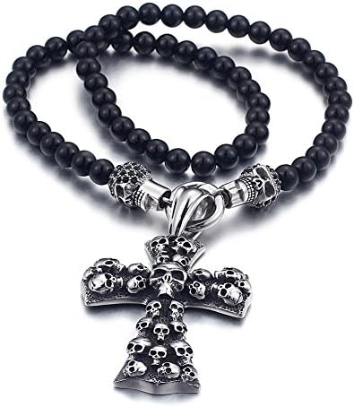 Heyrock Cool Black Glass Beads Necklace Men Stainless Steel Skull Cross Pendant Male Jewelry