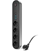 4&rsquo;l&uuml; Akım Korumalı Priz 2500W 10A &ndash; 2 USB + Type-C &ndash; 2m Uzatma Kablosu | &Ccedil;oklu Şarj (Siyah)