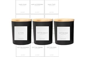 EZEBESTA 3PCS Modern 13.53oz Black Bathroom Canisters with 12 Labels & Wooden Lid Thick Glass Jar Set Qtip Holder for Cotton Ball & Pads Storage Organization Minimalist Decor