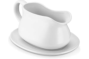 KEYOUNG Sauciere mit Untertasse, 450ml Porzellan Soßenkanne, Premium Porzelansauciere, Saucen Behälter Weiß für Soße Salatdressings Creme Milchbrühe Schwarz-Pfeffer