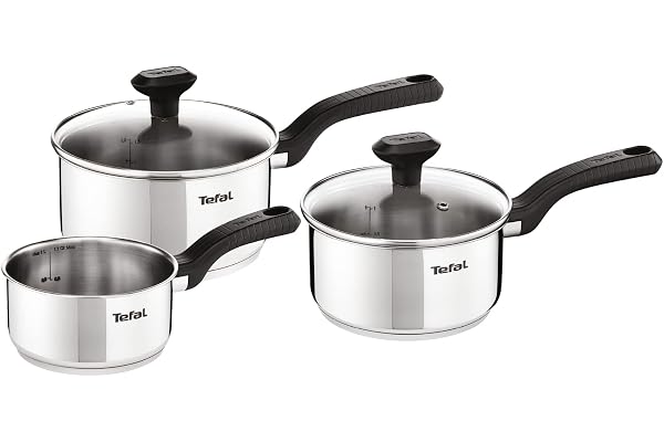 Tefal 3-delad Comfort Max, rostfritt stål kastrullset, silver | Induktionskompatibel, ergonomiskt handtag som håller svalt, inre mätmärken, ugnssäker till 180C, C973S344
