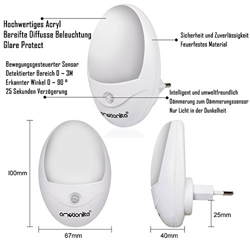 Emotionlite LED Nachtlicht mit Bewegungssensor und Dämmerungssensor Plug in Kinder Nachtlicht Sehr gut für Kinderschlafzimmer Badezimmer Flur Treppenaufgang Korridor Einbauschrank oder ein dunkles Zimmer Warmesweißes 2700K - 3
