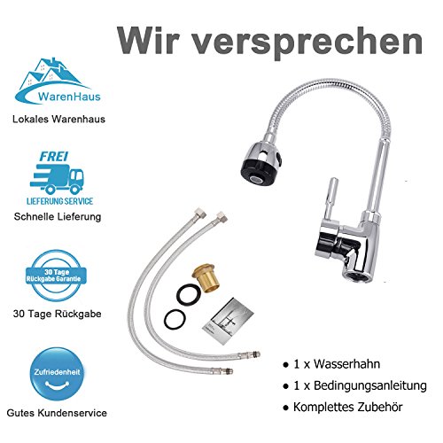 Küchenarmatur mit ausziehbarer Geschirrbrause 2 Strahlarten Hoher Auslauf 360°Schwenkbereich aus Messing verchromt - 7