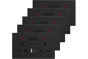 BSEED Double Socket with USB C 5 Pack, Electrical Double Switched Power Plug Wall Socket with LED Indicator, PC Wall Plate Outlet, Black, 13A