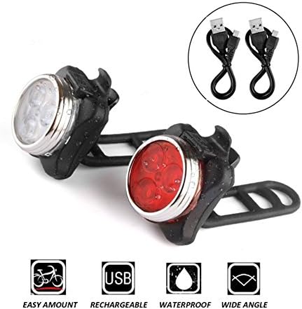 LED Bike Light Set, WONSUN USB Rechargeable Bicycle Head Lamp(White) & Rear Light(Red) Set, Waterproof Cycling Flashlight Lights Set with 650mAh Lithium Battery, 4 Light Mode Options, 2 USB Cables