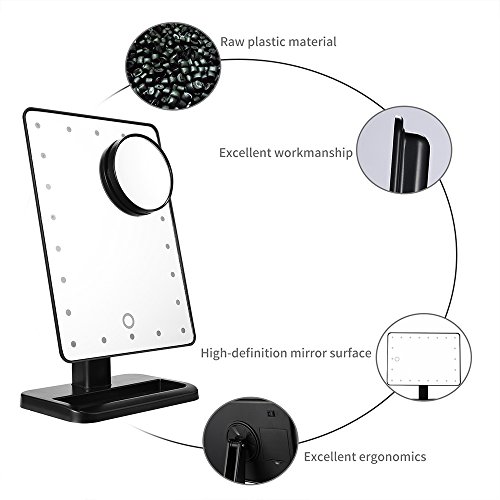 TFCFL Touchscreen LED Make-up Spiegel mit Lichter, 22 LED beleuchtete Vanity Kosmetik Spiegel mit abnehmbaren 10x Vergrößerungsspiegel für Tischplatte, Badezimmer, Schlafzimmer, Reisen, Rasieren, Schwarz - 8