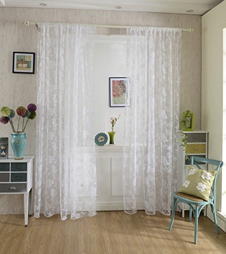 Tenda Tulle Motivo Peonia Floccato Decorazioni Interni Finestre Letto, Misura 100*200cm - Bianco