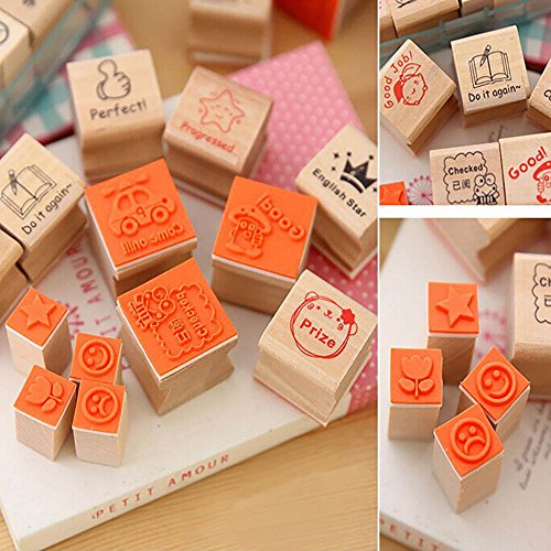 ?HuntGold 15 Stück Cartoon Holz Mini Stempel Lehre Kommentare Ermutigen Kinder Briefmarken - 9