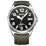 BUREI Herrenuhren Einfache Analoge Quarzuhr Schwarzes Zifferblatt Kalenderfenster Leuchtende Arabische Ziffern Army Green Canvas Lederband