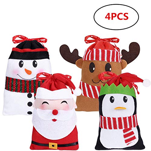 kexin lin 4PCS Weihnachten Beutel Geschenkverpackung Tüten für Süßigkeits Geschenke Dekorationen,Weihnachtsmann,Rotwild,Pinguin