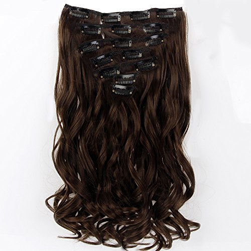 Neverland Beauty 7 Piece 16 Cilps Clip in Hair Extensions Full Head 22 inches Wavy Curly Hair Extension Medium Brown #2/33