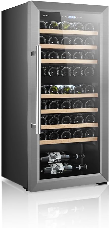 SVAN Vinoteca 45 Botellas Negro SVN4500D. 85W, 2 Zonas Independientes, Display LED táctil, Pantalla Digital Exterior, 7 Baldas de Madera, 1 Rejillas Metálicas, Clase de Eficiencia Enérgetica G
