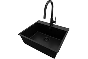 PRIMAGRAN Lavandino da Cucina Tutto Nero 58x50cm, Lavello in Granito a 1 vasca + Rubinetto 40x20cm + Sifone Classico, Lavabo Incasso al mobile 60cm - Riga S185