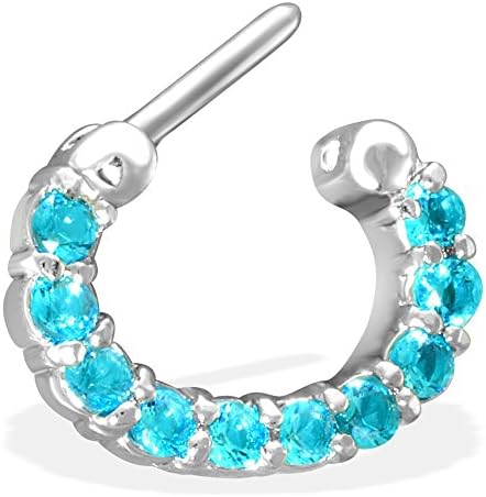 MsPiercing Single Line Paved Gem Surgical Steel Septum Clicker, Aquamarine
