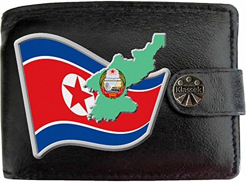 North Korea Flag Korean Map and Coat of Arms COA KLASSEK Mens Wallet Real Black Leather RFID Blocking with Coin Pocket and Metal Gift Box