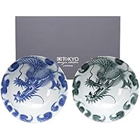 TOKYO design studio, Dragon Series, Juego x 21 cm 2 Cuencos, Japón, Redondo. Dos Cuencos en Decorativa Caja de Regalo. Cuencos de Porcelana Set.