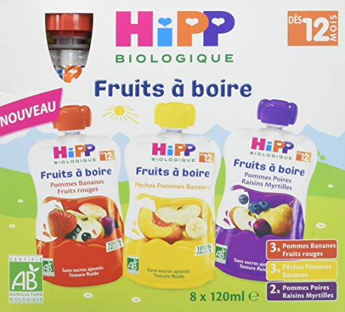 Hipp Biologique Gourdes Multipack Fruits à Boire 3 Variétés dès 12 Mois 32 Gourdes de 120 ml