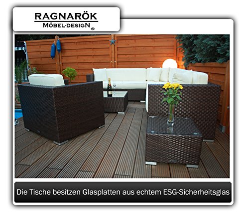 PolyRattan Lounge DEUTSCHE MARKE -- EIGNENE PRODUKTION 7 Jahre GARANTIE Garten Möbel incl. Glas und Polster Ragnarök-Möbeldesign braun Gartenmöbel