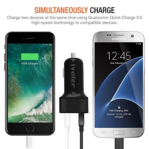 iVoler Quick Charge 3 0 Chargeur de Voiture 36W 2 Ports USB Chargeur Allume Cigare  2 QC 3 0 Port  avec C  ble iPhone  1m    2 en 1 C  ble Micro USB  