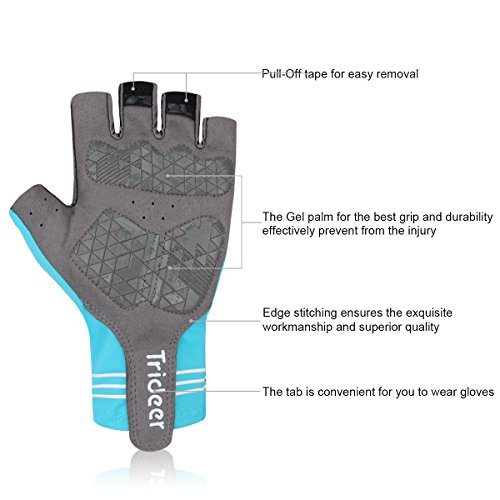 Ultraleicht Fahrradhandschuhe, Trideer Outdoor Reithandschuhe Radsporthandschuhe Trainingshandschuhe，Fingerlos Microfiber Material und Breath Lycra Fabric mit Safe Geleinlage, Idea für Road Race, Mountainbike, Radsport, Reiten, Wandern, Bergsteigen, Camping und mehr Sports im Freien, für Damen Herren Frauen Manner(Hellblau) - 4
