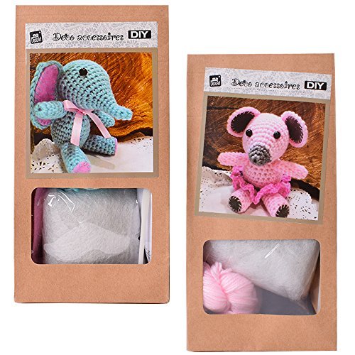 2 Stück DIY Mini Häkelset Bastelset Häkeltier Maus Elefant zum Selber Häkeln und Verschenken 10 cm rosa