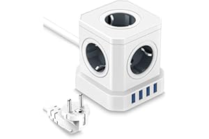 GEMOKRT Multiprise Cube 5 Prises avec 4 USB Ports, 9-en-1 Rallonge Multiprise 2M, Charge Rapide 16A 4000W, Multi Bloc Prise pour PC/Téléphone/Ordinateur Portable/Haut-Parleur/TV, Blanc