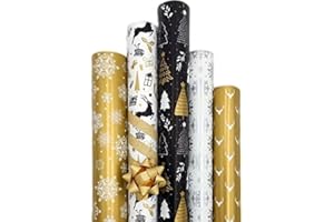 ‎ARTWELTEN HOME & STYLE artwelten Home & Style Geschenkpapier Weihnachten 5 Rollen Set je 2m x 70 cm Edel Weihnachtliches Geschenkpapier Modernes Stylische Weihnachtsgeschenkpapier Merry Christmas Schwarz Weiß Silber Gold