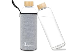 Bugucat Butelka do picia 1 l, szkło borokrzemowe z pokrowcem ochronnym, szczelna butelka na wodę do zimnych i gorących napojów, szara