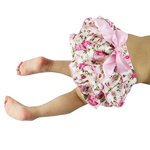 Wennikids Newborn Baby Girls Toddler Pink Floral Satin ruffle bloomers Nappy Diaper Covers Medium