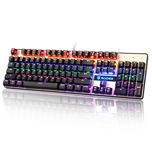 Preisvergleich Produktbild SADES K10 Mechanische Gaming-Tastatur Neun unterschiedliche Modi LED Beleuchtet Beleuchtung Verdrahtete USB Anti-Ghosting mit 104-Tasten Metall Basis Für PC / Laptop (blue Switches, Schwarz) US English layout