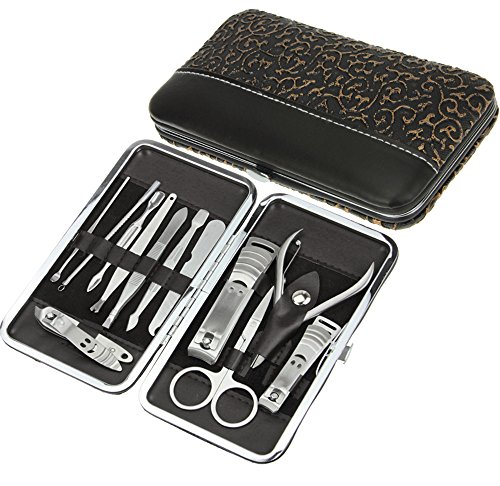 Liying ®12 Pieces Professional Personal Manicure Set Nail Care Travel & Grooming Kit Tool Set In Portable Fashion Leather Wallet Pouch Pedicure Set Gifts Case (Black 12Pcs)