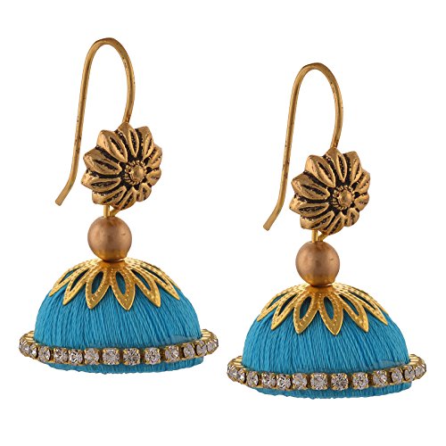Zephyrr Jewellery Handmade Ethnic Hook Jhumki Earrings with Silk Thread Zircons