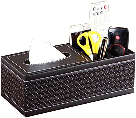 Japace® 3 Slot Muti-functional Large Leather Rectangle Desktop Organizer Storge with Tissue Box for Office and Home Use(Business Card/Pen/Pencil/Mobile Phone/Remote Controller/Cosmetics Holders) - Black Woven Pattern
