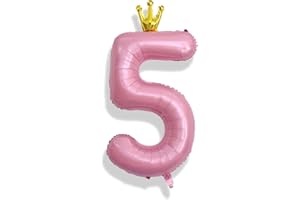 ISNDARE 40 Inch Pastel Pink 5 Number Balloons, Giant Foil 5th Birthday Number Balloon, Crown Self Inflating Light Pink Balloons 0-9 Set for Girls Women Birthday Party Decor Anniversary Decorations Supplies
